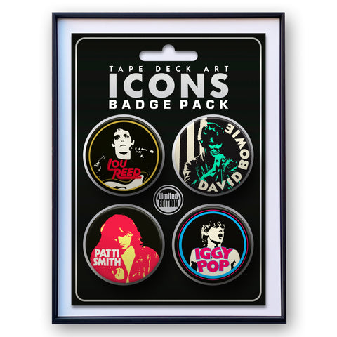 4 x Badge Pack, ICONS (Lou Reed, Patti Smith, David Bowie & Iggy Pop