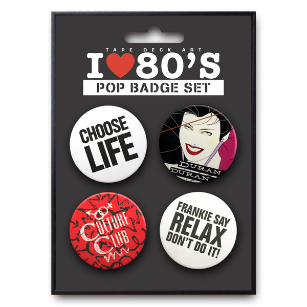 4 x Pop Badge Set, I Love 80's (Wham!, Frankie Goes to Hollywood, Culture Club & Duran Duran)