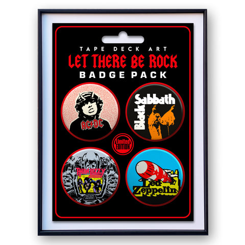 4 x Badge Pack, LET THERE BE ROCK (AC/DC, Led Zeppelin, Black Sabbath, Thin Lizzy)