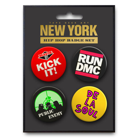 4 x Hip Hop Badge Set, New York (Public Enemy, Run DMC, De La Soul & The Beastie Boys)