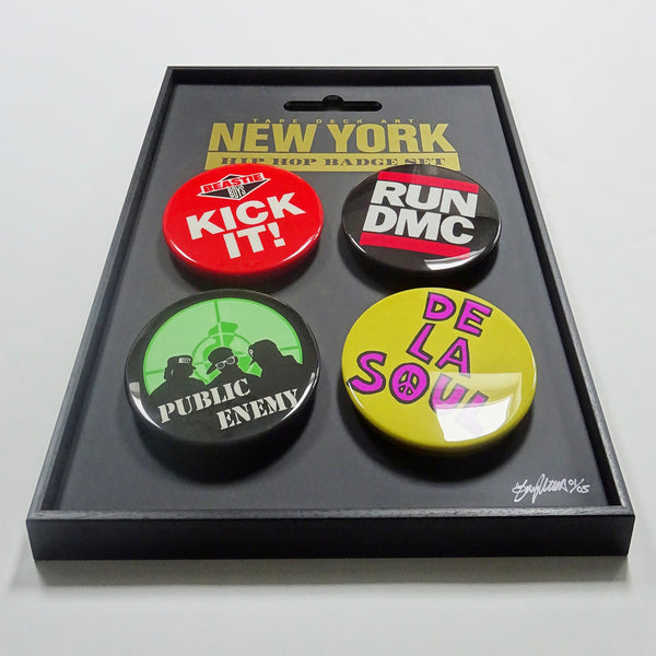 4 x Hip Hop Badge Set, New York (Public Enemy, Run DMC, De La Soul & The Beastie Boys)