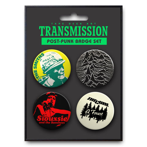 4 x Post-Punk Badge Set, Transmission (The Cure, The Smiths, Joy Division & Siouxsie and the Banshees)